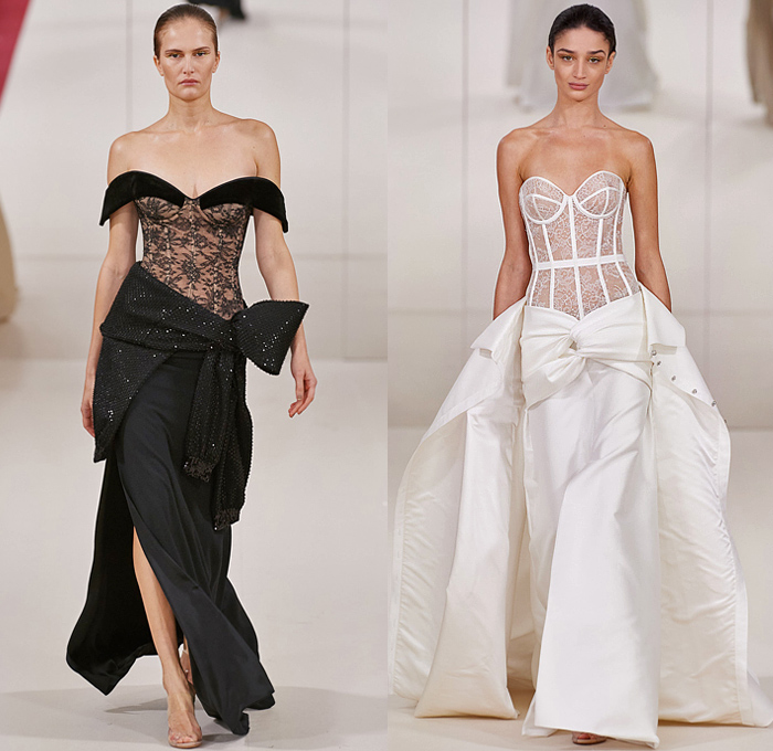 Alexis Mabille 2022 Spring Couture Womens Runway Looks - Haute Couture Avant Garde High Fashion - Bedazzled Sequins Embroidery Crystals Draped Lace Bustier Corset Ribbons Mesh Velvet Organza Silk Butterflies Oversized Tuxedo Dress Gown Ruffles Sheer Tulle Leaves Tights Leggings Cape Train Blouse Halterneck Hoodie Wide Leg One Shoulder Architecture Strapless Hanging Sleeve Reverse Coat Wrap Onesie Shirtdress Stripes Tuxedo Accordion Pleats Turtleneck Catsuit Unitard Floppy Hat