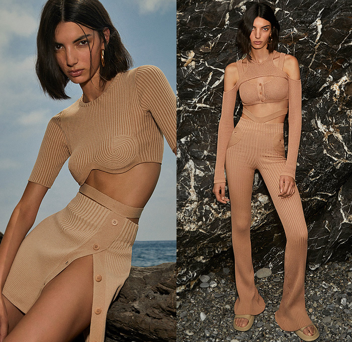 Andreādamo 2022 Spring Summer Womens Lookbook Presentation - Milano Moda Donna Collezione Milan Fashion Week Italy - Metamorfosi - Knit Mesh Crochet Body Contour Shapewear Halterneck Cardigan Sweater Miniskirt Pockets Ribbed Crop Top Midriff Bandage Fishnet Cutout Shoulders Flare Bell Bottom Noodle Strap Compression Bike Bicycle Shorts Drawstring Strings Dress Long Sleeve Blouse Shirtdress Pencil Skirt Hotpants Bikini Swimwear Sandals