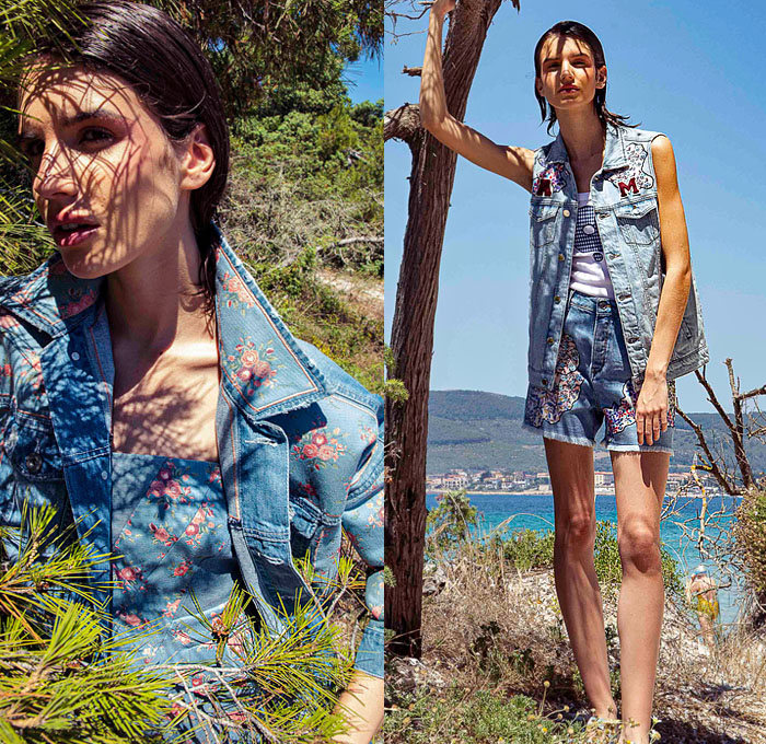 Antonio Marras 2022 Resort Cruise Pre-Spring Womens Lookbook - Sardinian Summer La Conchiglia - Bouclé Knit Flowers Floral Embroidery Jacquard Patches Sequins Gems Crystals High Shoulders Headband Cardigan Sweater Kimono Coat Crop Top Midriff Silk Satin Check Accordion Pleats Miniskirt Denim Jeans Jacket Vest Shorts Wide Leg Palazzo Pants Leopard Ruffles Blazer Hotpants Pantsuit Lace Swimwear Blouse Sheer Tulle Prairie Dress Shirtdress Pinwheel Stripes Straw Hat Sandals Umbrella