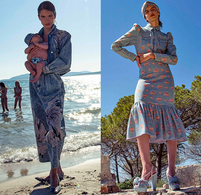 Antonio Marras 2022 Resort Cruise Pre-Spring Womens Lookbook - Sardinian Summer La Conchiglia - Bouclé Knit Flowers Floral Embroidery Jacquard Patches Sequins Gems Crystals High Shoulders Headband Cardigan Sweater Kimono Coat Crop Top Midriff Silk Satin Check Accordion Pleats Miniskirt Denim Jeans Jacket Vest Shorts Wide Leg Palazzo Pants Leopard Ruffles Blazer Hotpants Pantsuit Lace Swimwear Blouse Sheer Tulle Prairie Dress Shirtdress Pinwheel Stripes Straw Hat Sandals Umbrella