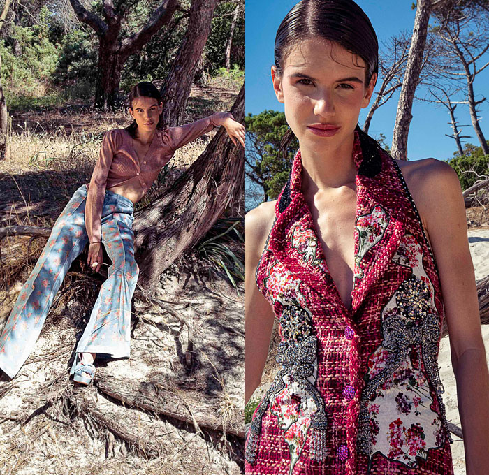 Antonio Marras 2022 Resort Cruise Pre-Spring Womens Lookbook - Sardinian Summer La Conchiglia - Bouclé Knit Flowers Floral Embroidery Jacquard Patches Sequins Gems Crystals High Shoulders Headband Cardigan Sweater Kimono Coat Crop Top Midriff Silk Satin Check Accordion Pleats Miniskirt Denim Jeans Jacket Vest Shorts Wide Leg Palazzo Pants Leopard Ruffles Blazer Hotpants Pantsuit Lace Swimwear Blouse Sheer Tulle Prairie Dress Shirtdress Pinwheel Stripes Straw Hat Sandals Umbrella