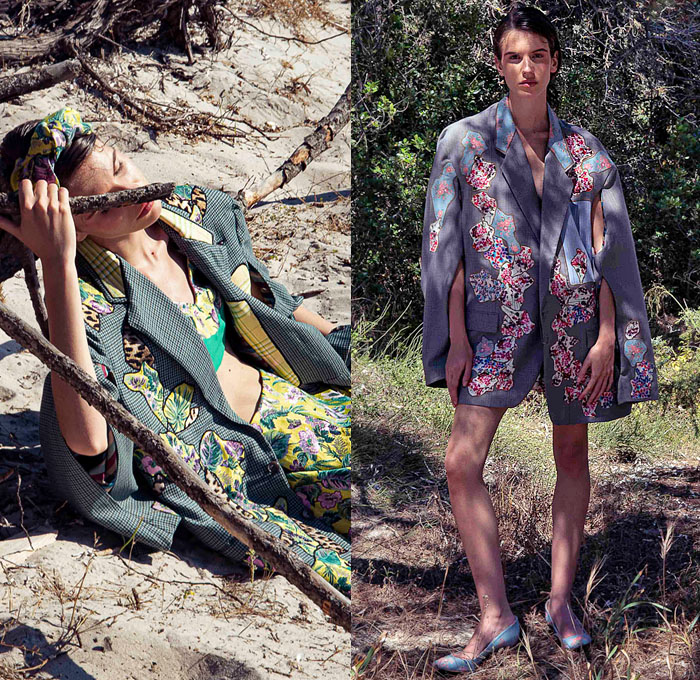 Antonio Marras 2022 Resort Cruise Pre-Spring Womens Lookbook - Sardinian Summer La Conchiglia - Bouclé Knit Flowers Floral Embroidery Jacquard Patches Sequins Gems Crystals High Shoulders Headband Cardigan Sweater Kimono Coat Crop Top Midriff Silk Satin Check Accordion Pleats Miniskirt Denim Jeans Jacket Vest Shorts Wide Leg Palazzo Pants Leopard Ruffles Blazer Hotpants Pantsuit Lace Swimwear Blouse Sheer Tulle Prairie Dress Shirtdress Pinwheel Stripes Straw Hat Sandals Umbrella