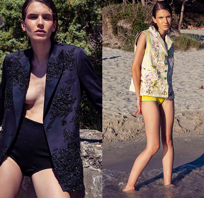 Antonio Marras 2022 Resort Cruise Pre-Spring Womens Lookbook - Sardinian Summer La Conchiglia - Bouclé Knit Flowers Floral Embroidery Jacquard Patches Sequins Gems Crystals High Shoulders Headband Cardigan Sweater Kimono Coat Crop Top Midriff Silk Satin Check Accordion Pleats Miniskirt Denim Jeans Jacket Vest Shorts Wide Leg Palazzo Pants Leopard Ruffles Blazer Hotpants Pantsuit Lace Swimwear Blouse Sheer Tulle Prairie Dress Shirtdress Pinwheel Stripes Straw Hat Sandals Umbrella