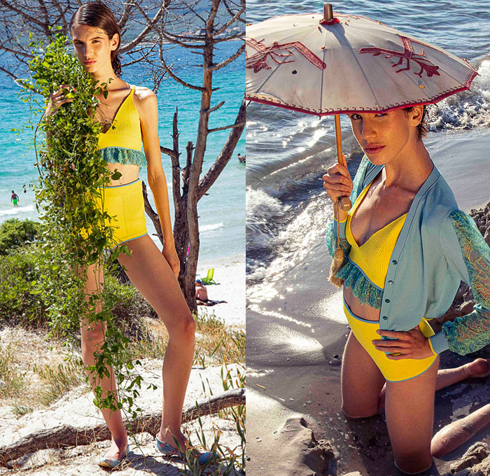 Antonio Marras 2022 Resort Cruise Pre-Spring Womens Lookbook - Sardinian Summer La Conchiglia - Bouclé Knit Flowers Floral Embroidery Jacquard Patches Sequins Gems Crystals High Shoulders Headband Cardigan Sweater Kimono Coat Crop Top Midriff Silk Satin Check Accordion Pleats Miniskirt Denim Jeans Jacket Vest Shorts Wide Leg Palazzo Pants Leopard Ruffles Blazer Hotpants Pantsuit Lace Swimwear Blouse Sheer Tulle Prairie Dress Shirtdress Pinwheel Stripes Straw Hat Sandals Umbrella