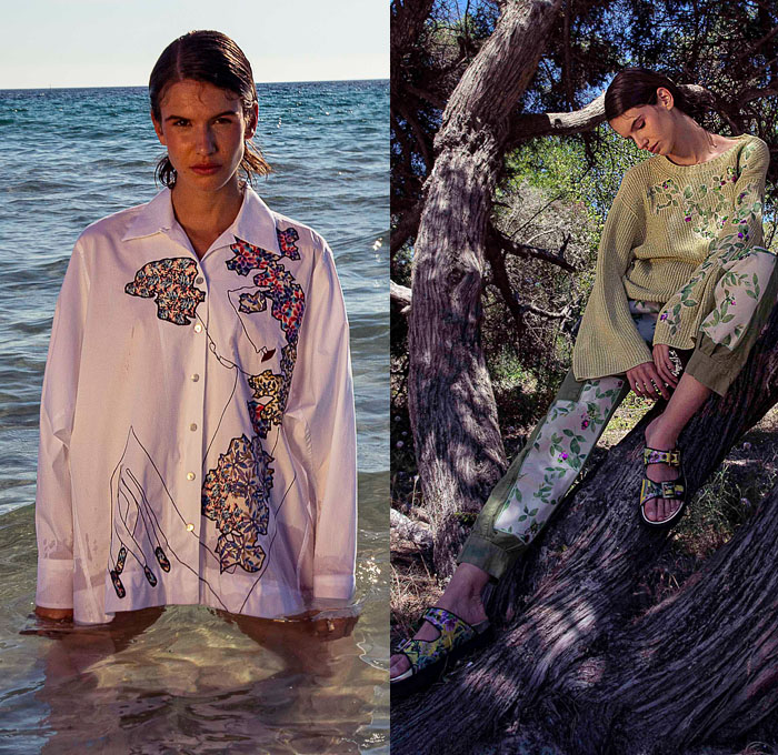 Antonio Marras 2022 Resort Cruise Pre-Spring Womens Lookbook - Sardinian Summer La Conchiglia - Bouclé Knit Flowers Floral Embroidery Jacquard Patches Sequins Gems Crystals High Shoulders Headband Cardigan Sweater Kimono Coat Crop Top Midriff Silk Satin Check Accordion Pleats Miniskirt Denim Jeans Jacket Vest Shorts Wide Leg Palazzo Pants Leopard Ruffles Blazer Hotpants Pantsuit Lace Swimwear Blouse Sheer Tulle Prairie Dress Shirtdress Pinwheel Stripes Straw Hat Sandals Umbrella