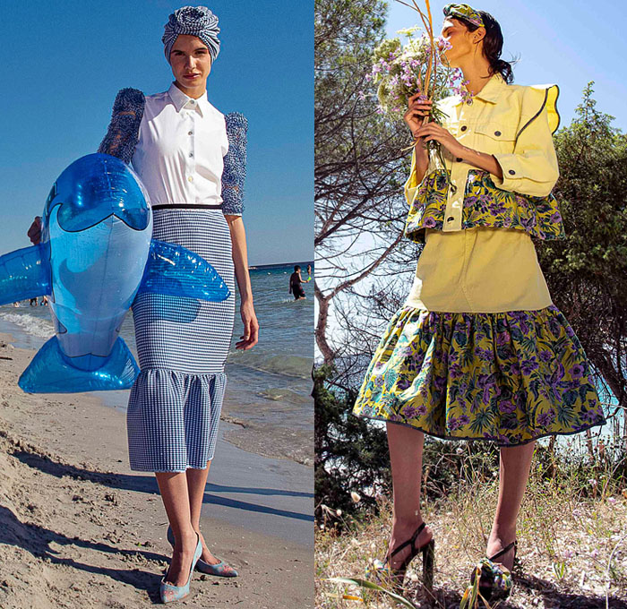 Antonio Marras 2022 Resort Cruise Pre-Spring Womens Lookbook - Sardinian Summer La Conchiglia - Bouclé Knit Flowers Floral Embroidery Jacquard Patches Sequins Gems Crystals High Shoulders Headband Cardigan Sweater Kimono Coat Crop Top Midriff Silk Satin Check Accordion Pleats Miniskirt Denim Jeans Jacket Vest Shorts Wide Leg Palazzo Pants Leopard Ruffles Blazer Hotpants Pantsuit Lace Swimwear Blouse Sheer Tulle Prairie Dress Shirtdress Pinwheel Stripes Straw Hat Sandals Umbrella