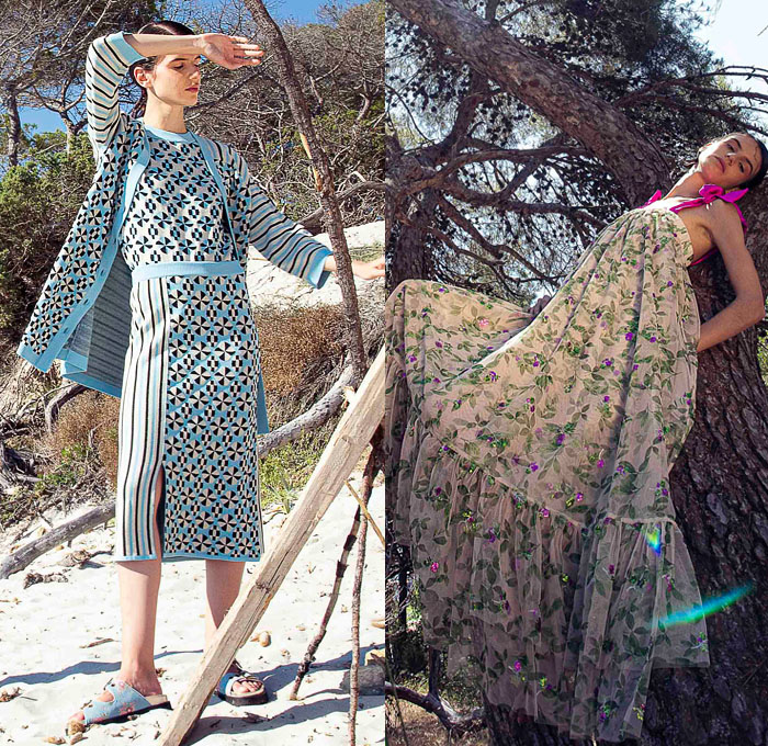 Antonio Marras 2022 Resort Cruise Pre-Spring Womens Lookbook - Sardinian Summer La Conchiglia - Bouclé Knit Flowers Floral Embroidery Jacquard Patches Sequins Gems Crystals High Shoulders Headband Cardigan Sweater Kimono Coat Crop Top Midriff Silk Satin Check Accordion Pleats Miniskirt Denim Jeans Jacket Vest Shorts Wide Leg Palazzo Pants Leopard Ruffles Blazer Hotpants Pantsuit Lace Swimwear Blouse Sheer Tulle Prairie Dress Shirtdress Pinwheel Stripes Straw Hat Sandals Umbrella