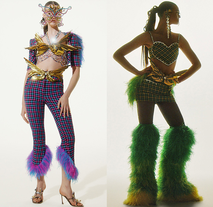 Area NYC 2022 Spring Couture Womens Lookbook Presentation - Haute Couture Avant Garde High Fashion - Brazilian Carnival Showgirls Bedazzled Beads Crystals Sequins Studs Metal Gold Wings Sculpture Headpiece Denim Jeans Cutoffs Shorts Crop Top Midriff Mask Feathers Corset Slashed Asymmetrical Bikini Top Houndstooth Chain Plaid Check Heart Miniskirt Pantsuit Blazer Cutout Wide Leg Crinoline Tuxedo Jacket Tights Stockings Swirls Strapless Butterflies Puff Ball Opera Gloves Gown Clogs