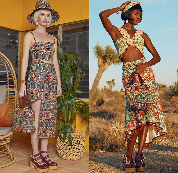 Autumn Adeigbo 2022 Spring Summer Womens Lookbook Presentation - Prairie Damsel Peasant Babydoll Dress Cutout Waist Poufy Shoulders Puff Sleeves Stripes Geometric Tribal Flowers Floral Leaves Foliage Fauna Crop Top Midriff Fringes Tiered Ruffles Blouse Wide Leg Palazzo Pants Culottes Shorts Hearts Paisley Strapless Noodle Strap Laces Flare Bell Bottom Miniskirt Blurry Blazer Jacket Patchwork Handbag Tote Bucket Hat Crystals 