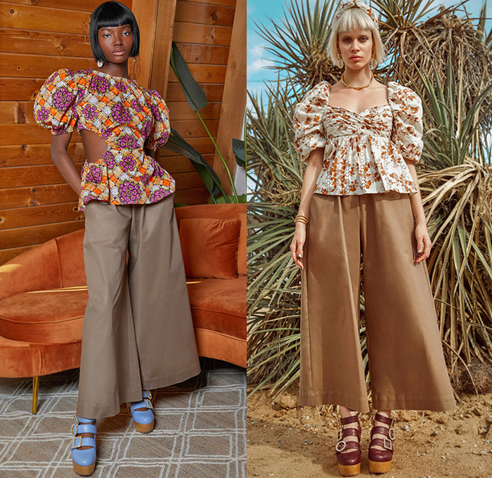 Autumn Adeigbo 2022 Spring Summer Womens Lookbook Presentation - Prairie Damsel Peasant Babydoll Dress Cutout Waist Poufy Shoulders Puff Sleeves Stripes Geometric Tribal Flowers Floral Leaves Foliage Fauna Crop Top Midriff Fringes Tiered Ruffles Blouse Wide Leg Palazzo Pants Culottes Shorts Hearts Paisley Strapless Noodle Strap Laces Flare Bell Bottom Miniskirt Blurry Blazer Jacket Patchwork Handbag Tote Bucket Hat Crystals 