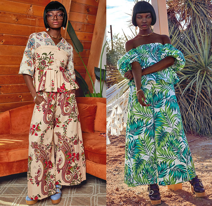 Autumn Adeigbo 2022 Spring Summer Womens Lookbook Presentation - Prairie Damsel Peasant Babydoll Dress Cutout Waist Poufy Shoulders Puff Sleeves Stripes Geometric Tribal Flowers Floral Leaves Foliage Fauna Crop Top Midriff Fringes Tiered Ruffles Blouse Wide Leg Palazzo Pants Culottes Shorts Hearts Paisley Strapless Noodle Strap Laces Flare Bell Bottom Miniskirt Blurry Blazer Jacket Patchwork Handbag Tote Bucket Hat Crystals 