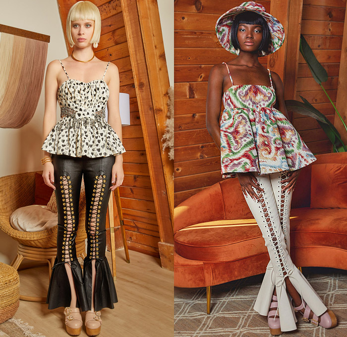 Autumn Adeigbo 2022 Spring Summer Womens Lookbook Presentation - Prairie Damsel Peasant Babydoll Dress Cutout Waist Poufy Shoulders Puff Sleeves Stripes Geometric Tribal Flowers Floral Leaves Foliage Fauna Crop Top Midriff Fringes Tiered Ruffles Blouse Wide Leg Palazzo Pants Culottes Shorts Hearts Paisley Strapless Noodle Strap Laces Flare Bell Bottom Miniskirt Blurry Blazer Jacket Patchwork Handbag Tote Bucket Hat Crystals 