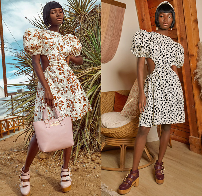 Autumn Adeigbo 2022 Spring Summer Womens Lookbook Presentation - Prairie Damsel Peasant Babydoll Dress Cutout Waist Poufy Shoulders Puff Sleeves Stripes Geometric Tribal Flowers Floral Leaves Foliage Fauna Crop Top Midriff Fringes Tiered Ruffles Blouse Wide Leg Palazzo Pants Culottes Shorts Hearts Paisley Strapless Noodle Strap Laces Flare Bell Bottom Miniskirt Blurry Blazer Jacket Patchwork Handbag Tote Bucket Hat Crystals 