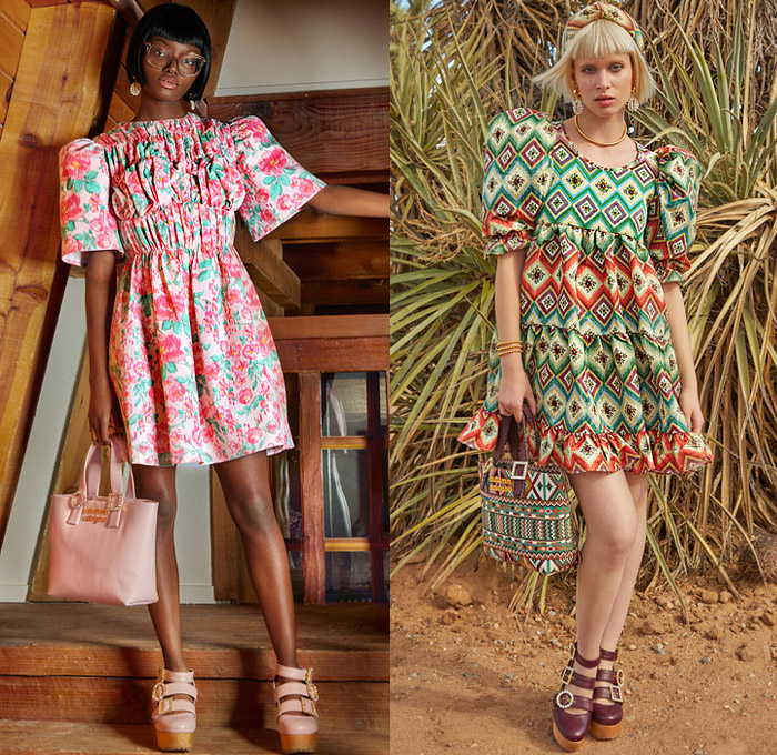 Autumn Adeigbo 2022 Spring Summer Womens Lookbook Presentation - Prairie Damsel Peasant Babydoll Dress Cutout Waist Poufy Shoulders Puff Sleeves Stripes Geometric Tribal Flowers Floral Leaves Foliage Fauna Crop Top Midriff Fringes Tiered Ruffles Blouse Wide Leg Palazzo Pants Culottes Shorts Hearts Paisley Strapless Noodle Strap Laces Flare Bell Bottom Miniskirt Blurry Blazer Jacket Patchwork Handbag Tote Bucket Hat Crystals 