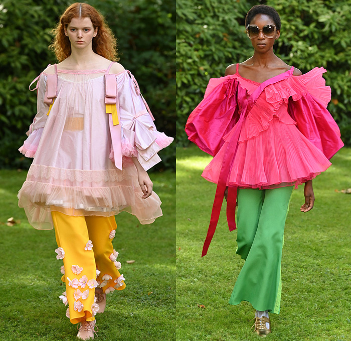 Bora Aksu 2022 Spring Summer Womens Runway Looks Collection - London Fashion Week Collections UK - Bohemian Boho Chic Trench Coat Ruffles Pantsuit Blazer Knit Cardigan Sweater Lace Embroidery Patchwork Denim Jeans Jacket Trompe L'oeil Flowers Floral Ribbons Sheer Tulle Prairie Dress Babydoll Wide Leg Palazzo Pants Flare Colors Scarf Plaid Check Noodle Strap SCutout Shoulders Puff Sleeves Ladybug Stockings Tights Cape Silk Satin Gown Gold Silver Metallic Boots Handbag