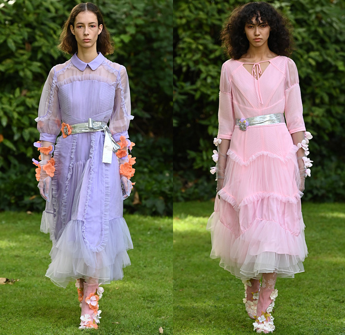 Bora Aksu 2022 Spring Summer Womens Runway Looks Collection - London Fashion Week Collections UK - Bohemian Boho Chic Trench Coat Ruffles Pantsuit Blazer Knit Cardigan Sweater Lace Embroidery Patchwork Denim Jeans Jacket Trompe L'oeil Flowers Floral Ribbons Sheer Tulle Prairie Dress Babydoll Wide Leg Palazzo Pants Flare Colors Scarf Plaid Check Noodle Strap SCutout Shoulders Puff Sleeves Ladybug Stockings Tights Cape Silk Satin Gown Gold Silver Metallic Boots Handbag