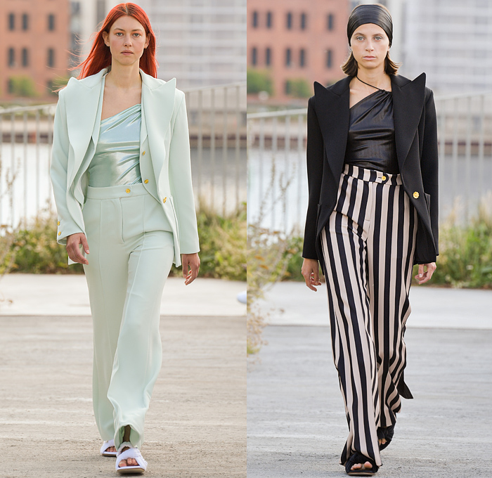 Brøgger 2022 Spring Summer Womens Runway Catwalk Looks - Copenhagen Fashion Week Denmark CPHFW København - Pussy Bow Pantsuit Blazer Wide Leg Flare Pants Silk Satin One Shoulder Stripes Headband Maxi Dress Sleeveless Gown Eveningwear Cinch Poufy Shoulders Puff Sleeves String Tied Quilted Puffer Sheer Translucent Cargo Pockets Spray Paint Ruffles Ribbed Shirtdress Onesie Hoodie Burka Burqa Coat Patchwork Split Half Prairie Damsel Dress Flowers Floral Slippers