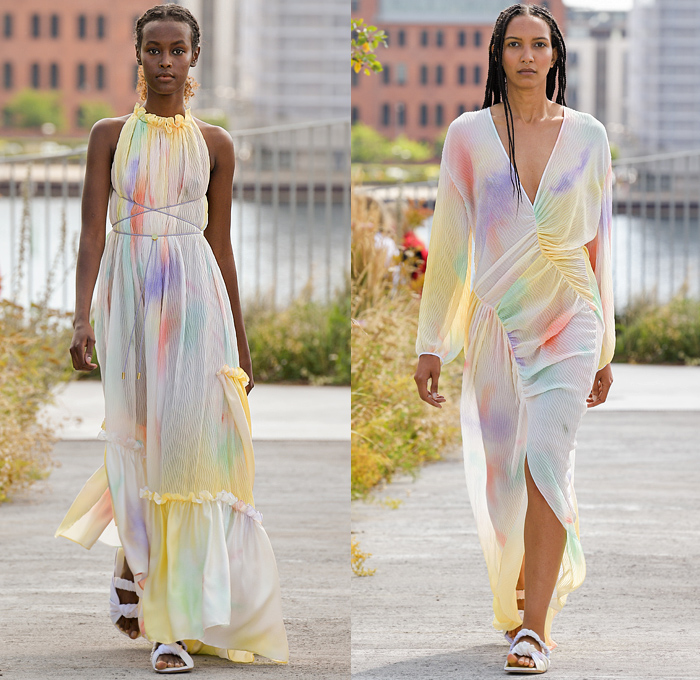 Brøgger 2022 Spring Summer Womens Runway Catwalk Looks - Copenhagen Fashion Week Denmark CPHFW København - Pussy Bow Pantsuit Blazer Wide Leg Flare Pants Silk Satin One Shoulder Stripes Headband Maxi Dress Sleeveless Gown Eveningwear Cinch Poufy Shoulders Puff Sleeves String Tied Quilted Puffer Sheer Translucent Cargo Pockets Spray Paint Ruffles Ribbed Shirtdress Onesie Hoodie Burka Burqa Coat Patchwork Split Half Prairie Damsel Dress Flowers Floral Slippers