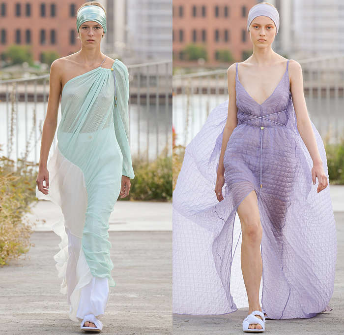 Brøgger 2022 Spring Summer Womens Runway Catwalk Looks - Copenhagen Fashion Week Denmark CPHFW København - Pussy Bow Pantsuit Blazer Wide Leg Flare Pants Silk Satin One Shoulder Stripes Headband Maxi Dress Sleeveless Gown Eveningwear Cinch Poufy Shoulders Puff Sleeves String Tied Quilted Puffer Sheer Translucent Cargo Pockets Spray Paint Ruffles Ribbed Shirtdress Onesie Hoodie Burka Burqa Coat Patchwork Split Half Prairie Damsel Dress Flowers Floral Slippers