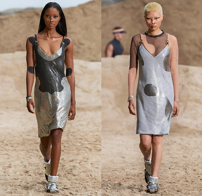 Burberry 2022 Spring Summer Womens Runway Looks - Riccardo Tisci - Universal Passport Swimwear Bikini Strings Tied Wrap Around Vest Bedazzled Crystals Mesh Mirrors Geometric Cargo Utility Pockets Party Dress Metallic Blot Pattern Sheer Sweater Plastic Rainwear Raincoat Zebra Breastplate Crop Top Midriff Sandals