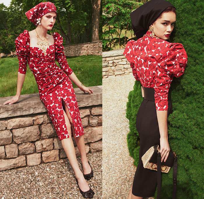 Carolina Herrera 2022 Resort Cruise Pre-Spring Womens Lookbook Presentation - Coming Up Roses - Flowers Floral Poufy Shoulders Head Scarf Blouse Cinch Stripes Waves Trench Coat Jacket Ruffles Gown Bow Cross Halterneck Bedazzled Gold Sequins Lace Embroidery Eyelets Mesh Pellegrina Capelet Shift Dress Strapless One Shoulder Ombré Denim Jeans Flare Bell Bottom Miniskirt Pencil Skirt Shorts Colorblock Noodle Strap Beads Necklace Crop Top Midriff Leopard Handbag Tote Bag Basket Sandals