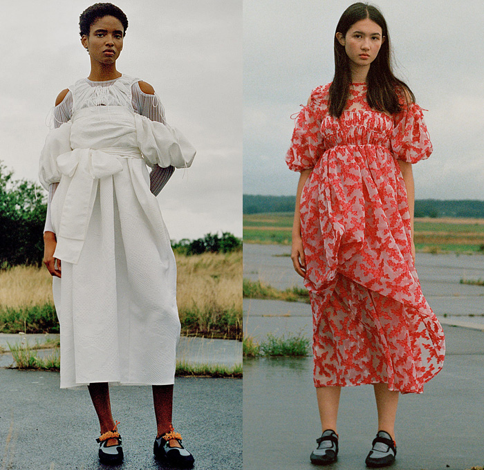 Cecilie Bahnsen 2022 Spring Summer Womens Lookbook Presentation - Mode à Paris Fashion Week France - Victorian Cyanotype Tonal Embroidery Tulip Shaped Pleats Glazed Organza Sheer Trompe L'oeil Flowers Floral Sleeveless Cutout Shoulders Holes Mesh Prairie Damsel Peasant Dress Strings Tied Knit Ribbed Sweater Jumper Poufy Shoulders Puff Sleeves Accordion Pleats Noodle Strap Bustier Coat Tote Handbag Water Aqua Socks