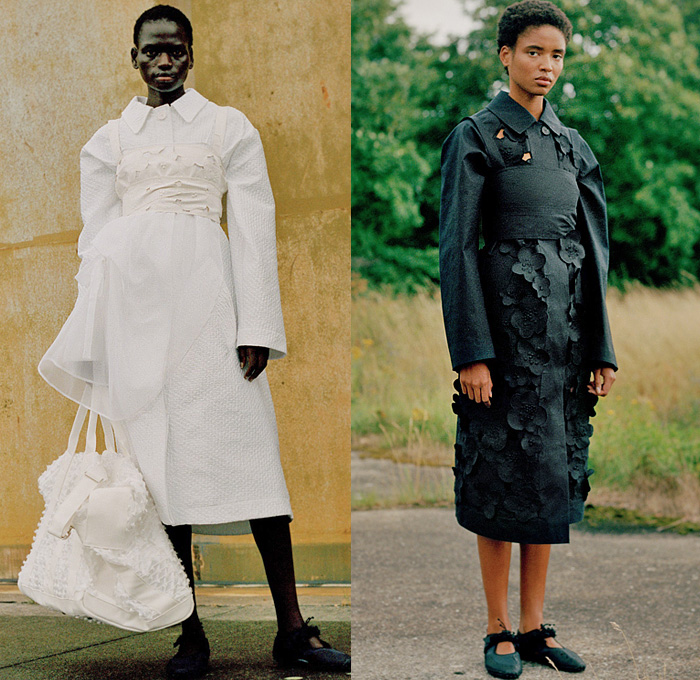 Cecilie Bahnsen 2022 Spring Summer Womens Lookbook Presentation - Mode à Paris Fashion Week France - Victorian Cyanotype Tonal Embroidery Tulip Shaped Pleats Glazed Organza Sheer Trompe L'oeil Flowers Floral Sleeveless Cutout Shoulders Holes Mesh Prairie Damsel Peasant Dress Strings Tied Knit Ribbed Sweater Jumper Poufy Shoulders Puff Sleeves Accordion Pleats Noodle Strap Bustier Coat Tote Handbag Water Aqua Socks