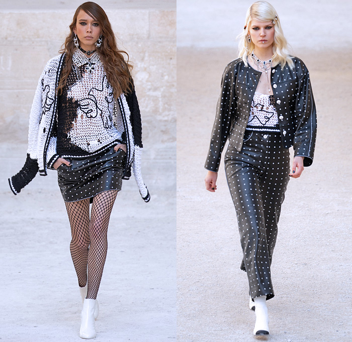 Chanel 2022 Resort Cruise Pre-Spring Womens Runway Catwalk Looks - Carrières de Lumières - Virginie Viard - Mod Punk Stars Gems Sequins Pearls Beads Denim Jeans Knit Sweater Overalls Jumpsuit Fringes Frayed Tweed Fishnet Mesh Lattice Crochet Miniskirt Doves Check Tiles Choker Crop Top Midriff Macramé Cape Dress Chain Vest Sailor Collar Strapless Twist Velvet Pantsuit Tied Flowers Floral Poufy Shoulders Leg O'Mutton Wide Leg Palazzo Pants Feathers Caftan Drawings Shorts Pouch Handbag 