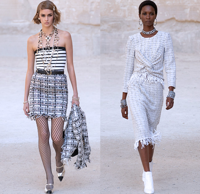 Chanel 2022 Resort Cruise Pre-Spring Womens Runway Catwalk Looks - Carrières de Lumières - Virginie Viard - Mod Punk Stars Gems Sequins Pearls Beads Denim Jeans Knit Sweater Overalls Jumpsuit Fringes Frayed Tweed Fishnet Mesh Lattice Crochet Miniskirt Doves Check Tiles Choker Crop Top Midriff Macramé Cape Dress Chain Vest Sailor Collar Strapless Twist Velvet Pantsuit Tied Flowers Floral Poufy Shoulders Leg O'Mutton Wide Leg Palazzo Pants Feathers Caftan Drawings Shorts Pouch Handbag 