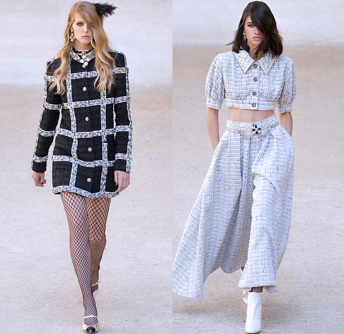 Chanel 2022 Resort Cruise Pre-Spring Womens Runway Catwalk Looks - Carrières de Lumières - Virginie Viard - Mod Punk Stars Gems Sequins Pearls Beads Denim Jeans Knit Sweater Overalls Jumpsuit Fringes Frayed Tweed Fishnet Mesh Lattice Crochet Miniskirt Doves Check Tiles Choker Crop Top Midriff Macramé Cape Dress Chain Vest Sailor Collar Strapless Twist Velvet Pantsuit Tied Flowers Floral Poufy Shoulders Leg O'Mutton Wide Leg Palazzo Pants Feathers Caftan Drawings Shorts Pouch Handbag 