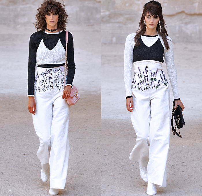 Chanel 2022 Resort Cruise Pre-Spring Womens Runway Catwalk Looks - Carrières de Lumières - Virginie Viard - Mod Punk Stars Gems Sequins Pearls Beads Denim Jeans Knit Sweater Overalls Jumpsuit Fringes Frayed Tweed Fishnet Mesh Lattice Crochet Miniskirt Doves Check Tiles Choker Crop Top Midriff Macramé Cape Dress Chain Vest Sailor Collar Strapless Twist Velvet Pantsuit Tied Flowers Floral Poufy Shoulders Leg O'Mutton Wide Leg Palazzo Pants Feathers Caftan Drawings Shorts Pouch Handbag 