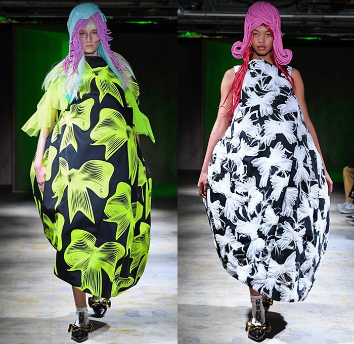 Comme des Garçons 2022 Spring Summer Womens Runway Looks Collection - Mode à Paris Fashion Week France - My Present State of Mind - Wig Sculpture Puff Ball Dress Gown Bows Ribbons Trompe L'oeil Flowers Floral Leaves Foliage Cape Mesh Sheer Tulle Circles Spots Houndstooth Stripes Wrap Tied Cocoon Lantern Draped High Angular Pointed Shoulders Plastic Bag Quilted Puffer Leggings Tights Sneakers Ballet Flats