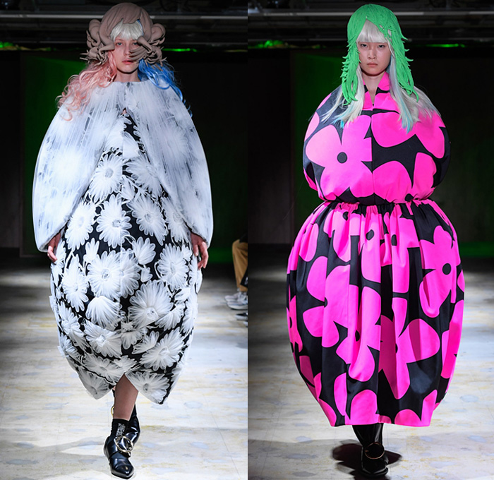 Comme des Garçons 2022 Spring Summer Womens Runway Looks Collection - Mode à Paris Fashion Week France - My Present State of Mind - Wig Sculpture Puff Ball Dress Gown Bows Ribbons Trompe L'oeil Flowers Floral Leaves Foliage Cape Mesh Sheer Tulle Circles Spots Houndstooth Stripes Wrap Tied Cocoon Lantern Draped High Angular Pointed Shoulders Plastic Bag Quilted Puffer Leggings Tights Sneakers Ballet Flats