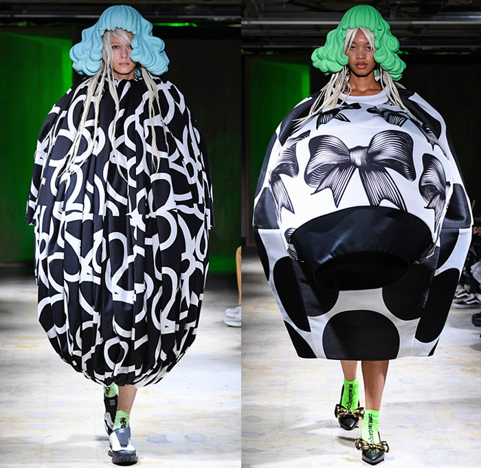 Comme des Garçons 2022 Spring Summer Womens Runway Looks Collection - Mode à Paris Fashion Week France - My Present State of Mind - Wig Sculpture Puff Ball Dress Gown Bows Ribbons Trompe L'oeil Flowers Floral Leaves Foliage Cape Mesh Sheer Tulle Circles Spots Houndstooth Stripes Wrap Tied Cocoon Lantern Draped High Angular Pointed Shoulders Plastic Bag Quilted Puffer Leggings Tights Sneakers Ballet Flats