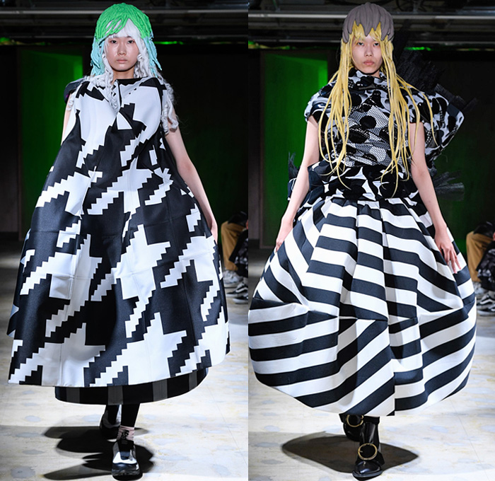 Comme des Garçons 2022 Spring Summer Womens Runway Looks Collection - Mode à Paris Fashion Week France - My Present State of Mind - Wig Sculpture Puff Ball Dress Gown Bows Ribbons Trompe L'oeil Flowers Floral Leaves Foliage Cape Mesh Sheer Tulle Circles Spots Houndstooth Stripes Wrap Tied Cocoon Lantern Draped High Angular Pointed Shoulders Plastic Bag Quilted Puffer Leggings Tights Sneakers Ballet Flats