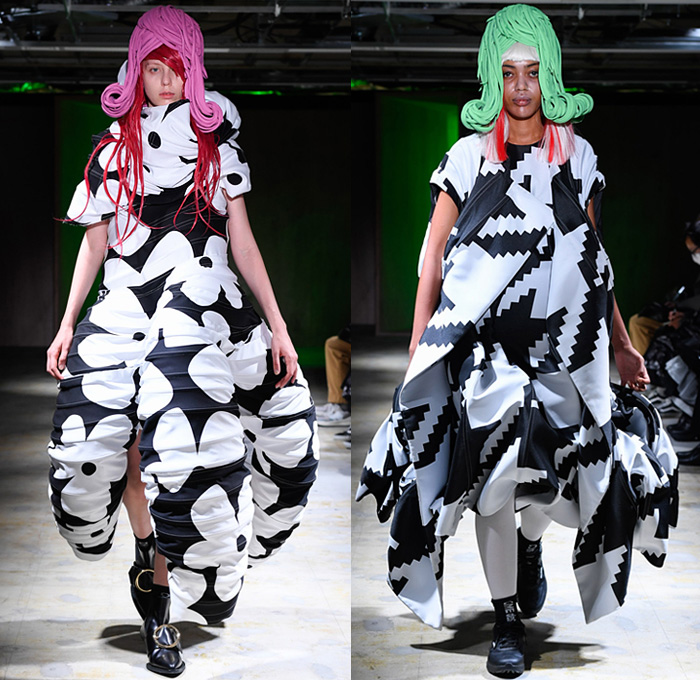 Comme des Garçons 2022 Spring Summer Womens Runway Looks Collection - Mode à Paris Fashion Week France - My Present State of Mind - Wig Sculpture Puff Ball Dress Gown Bows Ribbons Trompe L'oeil Flowers Floral Leaves Foliage Cape Mesh Sheer Tulle Circles Spots Houndstooth Stripes Wrap Tied Cocoon Lantern Draped High Angular Pointed Shoulders Plastic Bag Quilted Puffer Leggings Tights Sneakers Ballet Flats