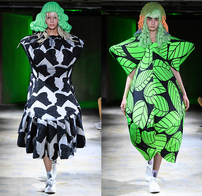 Comme des Garçons 2022 Spring Summer Womens Runway Looks Collection - Mode à Paris Fashion Week France - My Present State of Mind - Wig Sculpture Puff Ball Dress Gown Bows Ribbons Trompe L'oeil Flowers Floral Leaves Foliage Cape Mesh Sheer Tulle Circles Spots Houndstooth Stripes Wrap Tied Cocoon Lantern Draped High Angular Pointed Shoulders Plastic Bag Quilted Puffer Leggings Tights Sneakers Ballet Flats