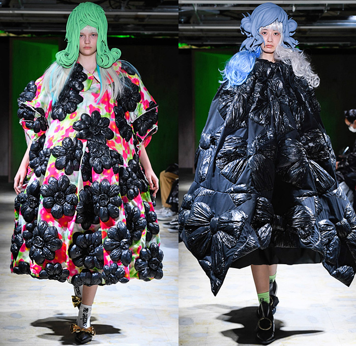 Comme des Garçons 2022 Spring Summer Womens Runway Looks Collection - Mode à Paris Fashion Week France - My Present State of Mind - Wig Sculpture Puff Ball Dress Gown Bows Ribbons Trompe L'oeil Flowers Floral Leaves Foliage Cape Mesh Sheer Tulle Circles Spots Houndstooth Stripes Wrap Tied Cocoon Lantern Draped High Angular Pointed Shoulders Plastic Bag Quilted Puffer Leggings Tights Sneakers Ballet Flats