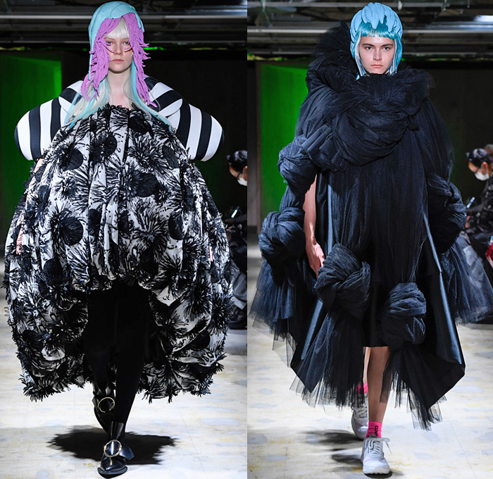 Comme des Garçons 2022 Spring Summer Womens Runway Looks Collection - Mode à Paris Fashion Week France - My Present State of Mind - Wig Sculpture Puff Ball Dress Gown Bows Ribbons Trompe L'oeil Flowers Floral Leaves Foliage Cape Mesh Sheer Tulle Circles Spots Houndstooth Stripes Wrap Tied Cocoon Lantern Draped High Angular Pointed Shoulders Plastic Bag Quilted Puffer Leggings Tights Sneakers Ballet Flats