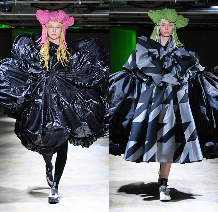 Comme des Garçons 2022 Spring Summer Womens Runway Looks Collection - Mode à Paris Fashion Week France - My Present State of Mind - Wig Sculpture Puff Ball Dress Gown Bows Ribbons Trompe L'oeil Flowers Floral Leaves Foliage Cape Mesh Sheer Tulle Circles Spots Houndstooth Stripes Wrap Tied Cocoon Lantern Draped High Angular Pointed Shoulders Plastic Bag Quilted Puffer Leggings Tights Sneakers Ballet Flats