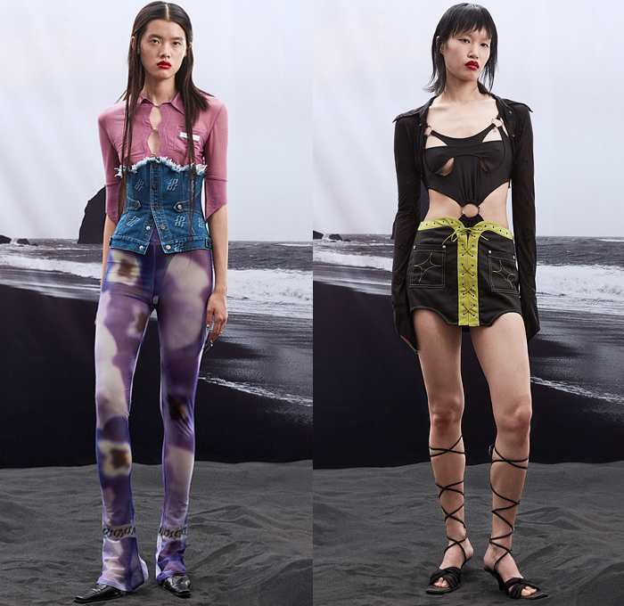 Didu 2022 Spring Summer Womens Lookbook Presentation - Mode à Paris Fashion Week France - The Last Dance of Life - Deconstructed Hybrid Hooks Loops Rings Laces Blouse Corset Sheer Tulle Leggings Blurred Abstract Miniskirt Cutout Strings Straps Crop Top Midriff Pockets Plaid Check Handkerchief Hem Logo Shorts Slit Fringes Halterneck Mesh Wrap Blazer Jacket Bike Cycling Shorts Wide Leg Plaid Check Tied One Shoulder Bell Bottom Flare Dress Gown Ruffles Draped Gladiators Kitten Heels