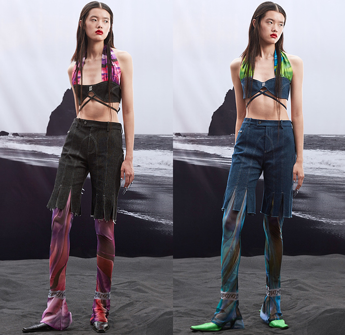 Didu 2022 Spring Summer Womens Lookbook Presentation - Mode à Paris Fashion Week France - The Last Dance of Life - Deconstructed Hybrid Hooks Loops Rings Laces Blouse Corset Sheer Tulle Leggings Blurred Abstract Miniskirt Cutout Strings Straps Crop Top Midriff Pockets Plaid Check Handkerchief Hem Logo Shorts Slit Fringes Halterneck Mesh Wrap Blazer Jacket Bike Cycling Shorts Wide Leg Plaid Check Tied One Shoulder Bell Bottom Flare Dress Gown Ruffles Draped Gladiators Kitten Heels