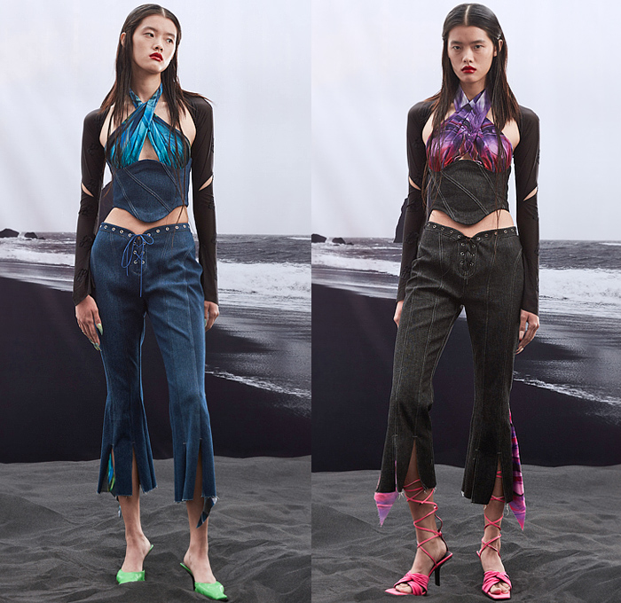 Didu 2022 Spring Summer Womens Lookbook Presentation - Mode à Paris Fashion Week France - The Last Dance of Life - Deconstructed Hybrid Hooks Loops Rings Laces Blouse Corset Sheer Tulle Leggings Blurred Abstract Miniskirt Cutout Strings Straps Crop Top Midriff Pockets Plaid Check Handkerchief Hem Logo Shorts Slit Fringes Halterneck Mesh Wrap Blazer Jacket Bike Cycling Shorts Wide Leg Plaid Check Tied One Shoulder Bell Bottom Flare Dress Gown Ruffles Draped Gladiators Kitten Heels