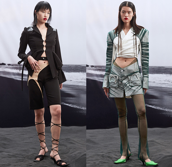 Didu 2022 Spring Summer Womens Lookbook Presentation - Mode à Paris Fashion Week France - The Last Dance of Life - Deconstructed Hybrid Hooks Loops Rings Laces Blouse Corset Sheer Tulle Leggings Blurred Abstract Miniskirt Cutout Strings Straps Crop Top Midriff Pockets Plaid Check Handkerchief Hem Logo Shorts Slit Fringes Halterneck Mesh Wrap Blazer Jacket Bike Cycling Shorts Wide Leg Plaid Check Tied One Shoulder Bell Bottom Flare Dress Gown Ruffles Draped Gladiators Kitten Heels