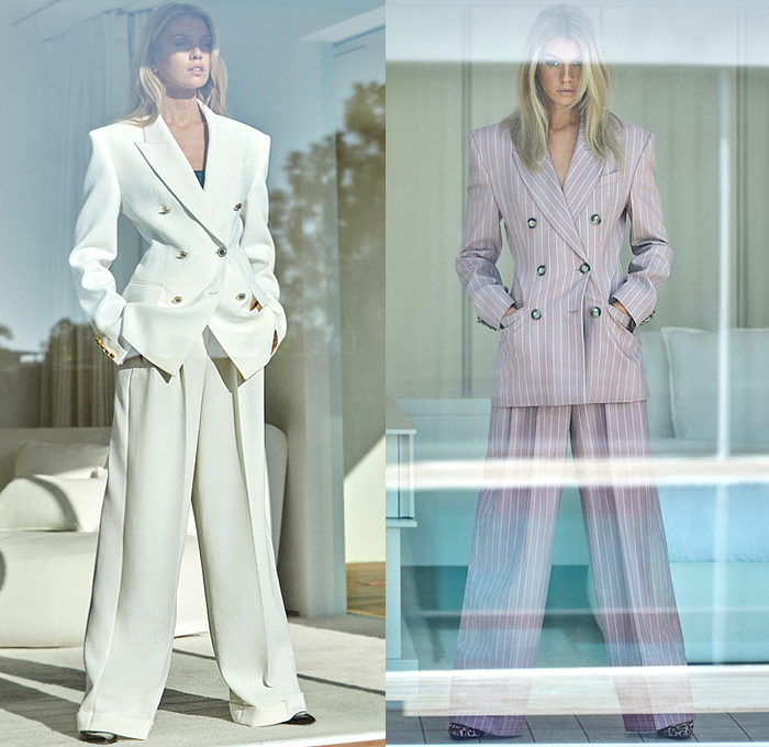 Dundas 2022 Resort Cruise Pre-Spring Womens Lookbook Presentation - California Dreaming Metallic Silver Trench Coat Bomber Jacket Blazer Pantsuit Pinstripe Leopard Spots Abstract Patchwork Strapless Ruffles Cutout Waist Zipper Crop Top Midriff Knit Sweaterdress Twist Tied Turtleneck Bedazzled Beads Mirrors Plates Crystals One Shoulder Gown Chain Open Back High Slit Bodycon Maxi Dress Bikini Swimwear Miniskirt Wide Leg Palazzo Pants Pencil Skirt