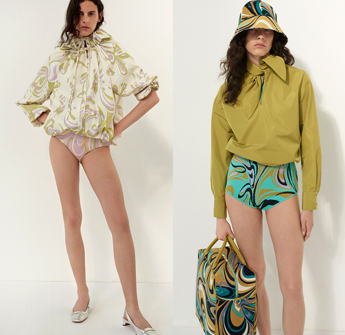 Emilio Pucci 2022 Resort Cruise Pre-Spring Womens Lookbook Presentation - Sixties 1960s Hoodie Anorak Long Sleeve Blouse Swirls Decorative Art Geometric Fiesta Flags Banners Swimwear Knit Leotard Arm Sleeve Crop Top Midriff Halterneck Jacket Bedazzled sequins Spangles Paillettes Embroidery Babydoll Party Shift Dress Miniskirt Noodle Strap Pleats Kitten Heels Bucket Hat Hobo Bag