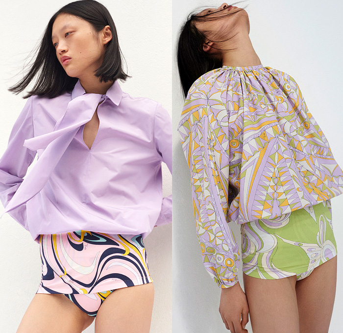 Emilio Pucci 2022 Resort Cruise Pre-Spring Womens Lookbook Presentation - Sixties 1960s Hoodie Anorak Long Sleeve Blouse Swirls Decorative Art Geometric Fiesta Flags Banners Swimwear Knit Leotard Arm Sleeve Crop Top Midriff Halterneck Jacket Bedazzled sequins Spangles Paillettes Embroidery Babydoll Party Shift Dress Miniskirt Noodle Strap Pleats Kitten Heels Bucket Hat Hobo Bag