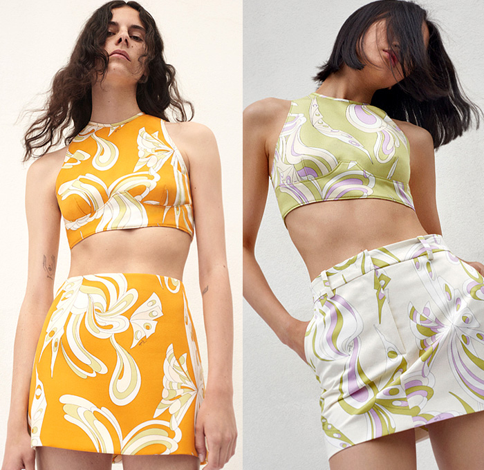 Emilio Pucci 2022 Resort Cruise Pre-Spring Womens Lookbook Presentation - Sixties 1960s Hoodie Anorak Long Sleeve Blouse Swirls Decorative Art Geometric Fiesta Flags Banners Swimwear Knit Leotard Arm Sleeve Crop Top Midriff Halterneck Jacket Bedazzled sequins Spangles Paillettes Embroidery Babydoll Party Shift Dress Miniskirt Noodle Strap Pleats Kitten Heels Bucket Hat Hobo Bag