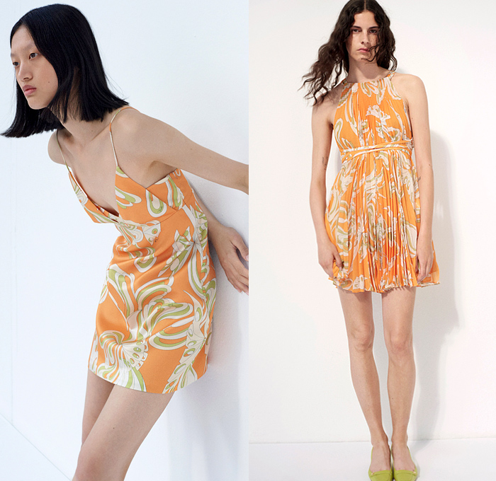 Emilio Pucci 2022 Resort Cruise Pre-Spring Womens Lookbook Presentation - Sixties 1960s Hoodie Anorak Long Sleeve Blouse Swirls Decorative Art Geometric Fiesta Flags Banners Swimwear Knit Leotard Arm Sleeve Crop Top Midriff Halterneck Jacket Bedazzled sequins Spangles Paillettes Embroidery Babydoll Party Shift Dress Miniskirt Noodle Strap Pleats Kitten Heels Bucket Hat Hobo Bag