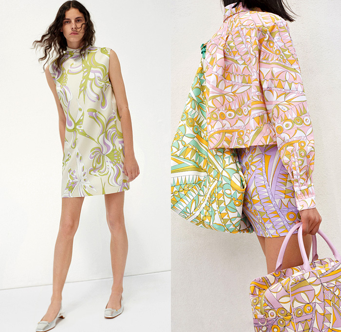 Emilio Pucci 2022 Resort Cruise Pre-Spring Womens Lookbook Presentation - Sixties 1960s Hoodie Anorak Long Sleeve Blouse Swirls Decorative Art Geometric Fiesta Flags Banners Swimwear Knit Leotard Arm Sleeve Crop Top Midriff Halterneck Jacket Bedazzled sequins Spangles Paillettes Embroidery Babydoll Party Shift Dress Miniskirt Noodle Strap Pleats Kitten Heels Bucket Hat Hobo Bag